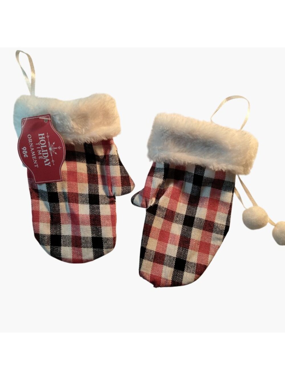 Mini Mitten Pair Ornaments Holiday Time Black Red Plaid Cabin Rustic Lodge